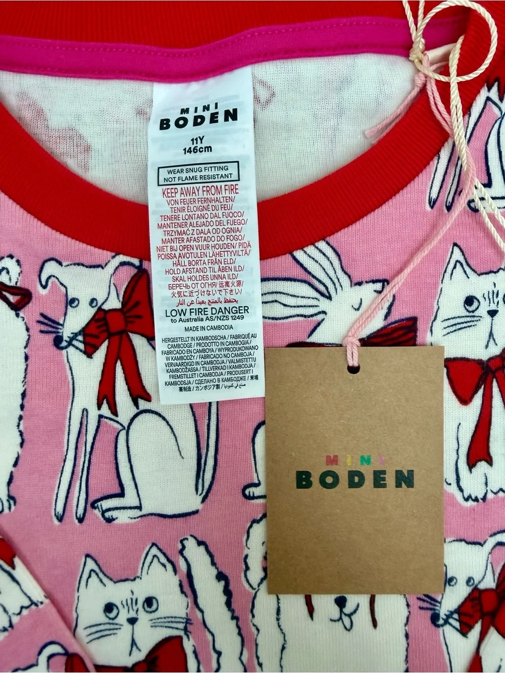 Mini Boden Girls Pajamas NWT Size 11Y Pink Cats Bunnies Bow Print